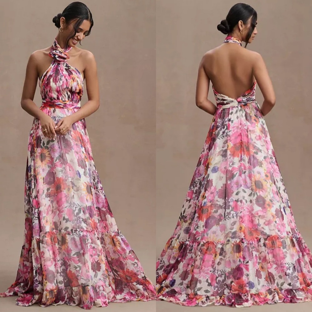 Mac Duggal Asymmetrical Ruffled Halter Floral Gown Maxi Dress 68108 Size 2 NWT